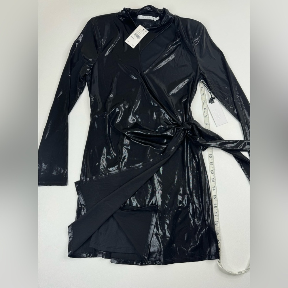 NWT ASTR The Cut Out Patent Long Sleeve Faux Wrap Mini Dress Small - Picture 9 of 16